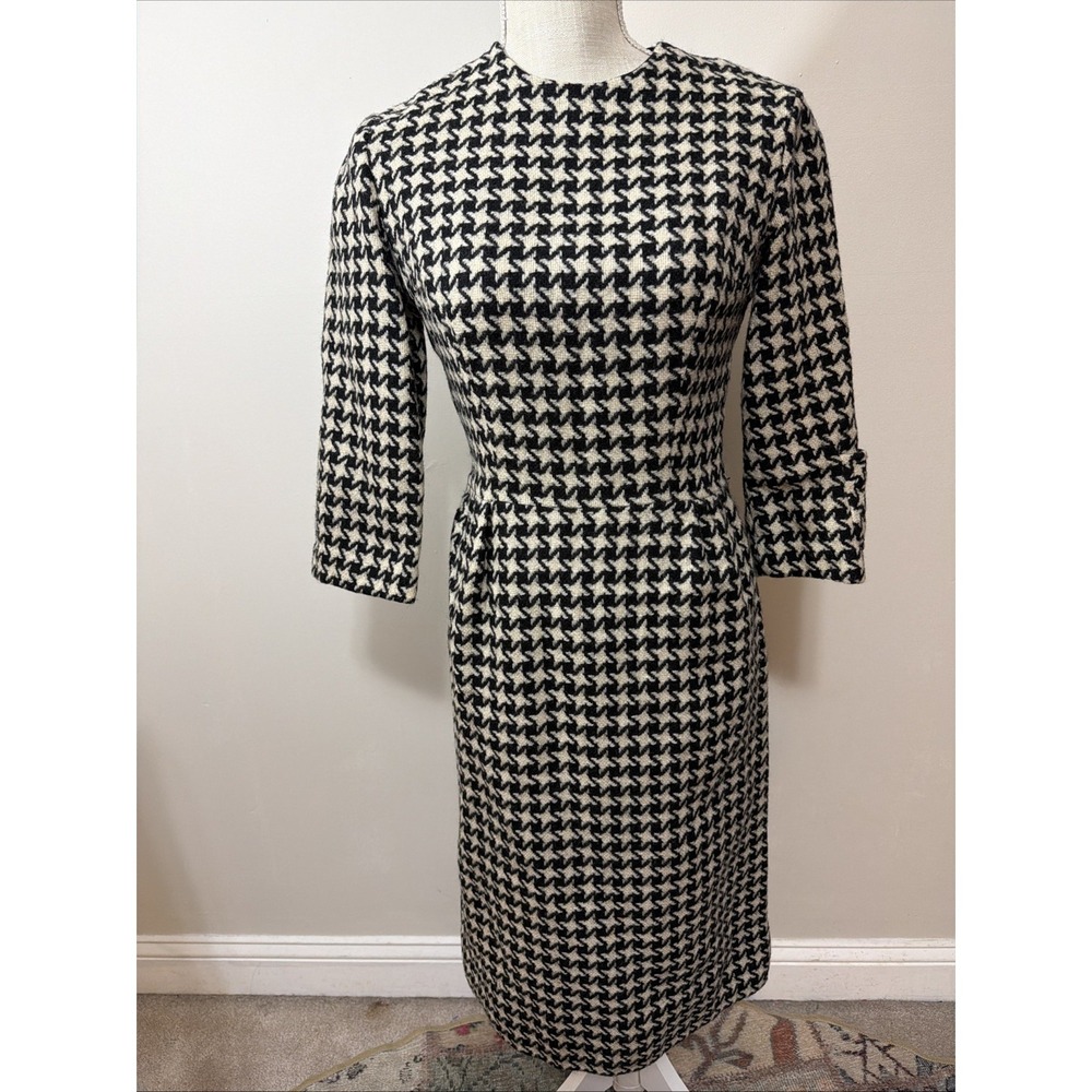 Vintage 1960's Gay Gibson Houndstooth Dress 3/4 Sleeve Cinched Waist Size 4